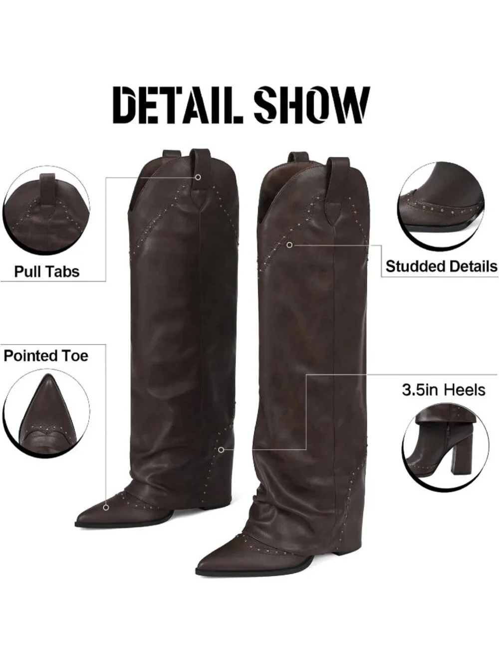 Women Brownish Coffee Chunky Heel Elegant Cowgirl Fold Over Knee High Shark Boot